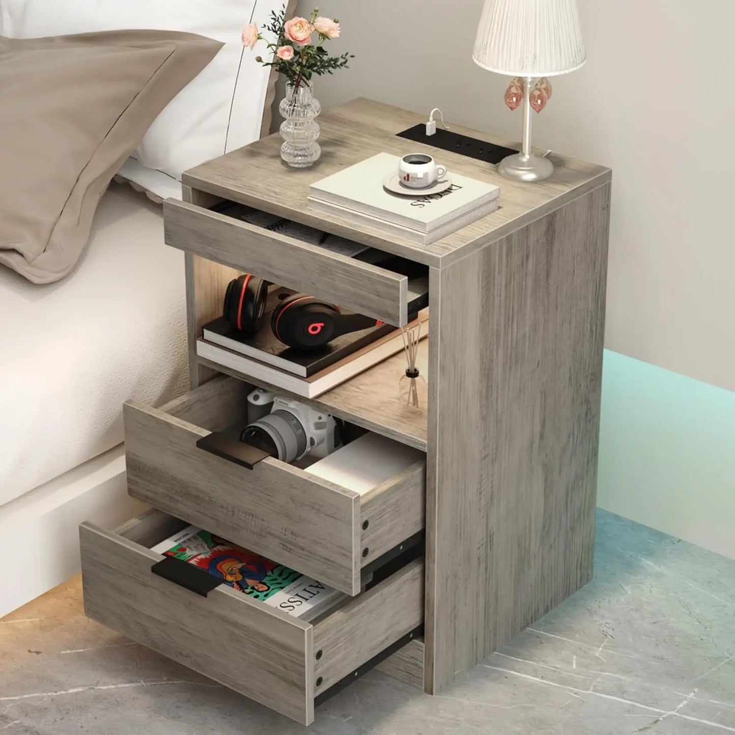 LED Nightstand With Charging Station 3 Drawers End Table
