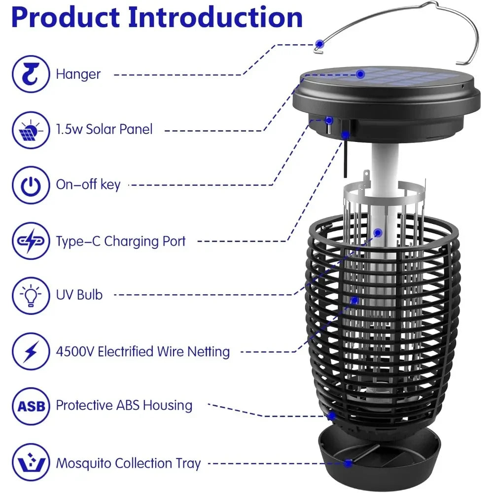 Solar Bug Zapper 2 In 1 Mosquito Killer Lamp Indoor Outdoor Solar Powered Rechargeable 4500V Fly Zapper Insect Trap