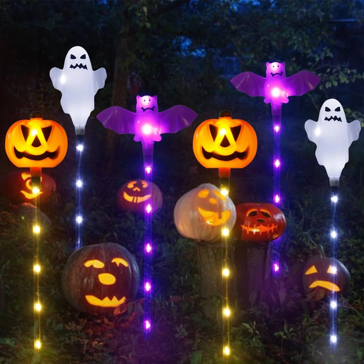 Solar Powered 8 LED Pumpkin Garden Stake Lights Halloween