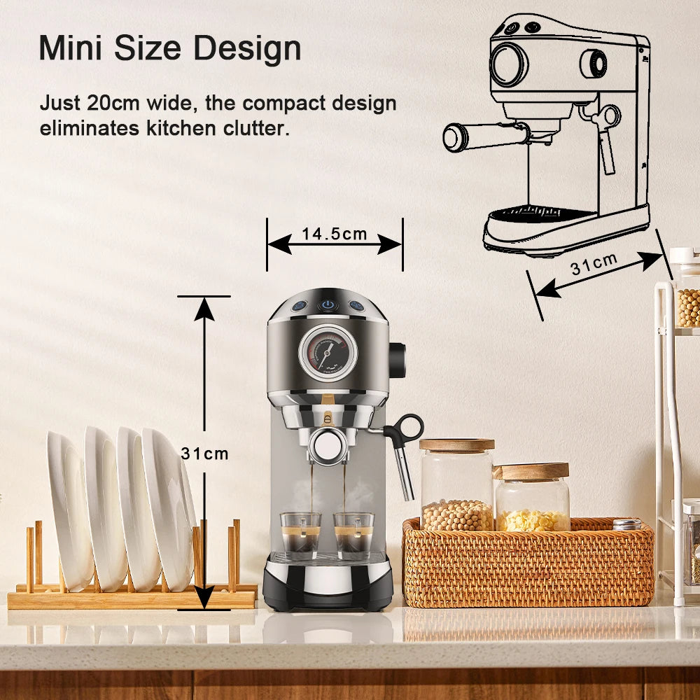 BioloMix 20 Bar Semi Automatic Powder Coffee Machine with Milk Steam Frother for Espresso Cappuccino Latte and Mocha