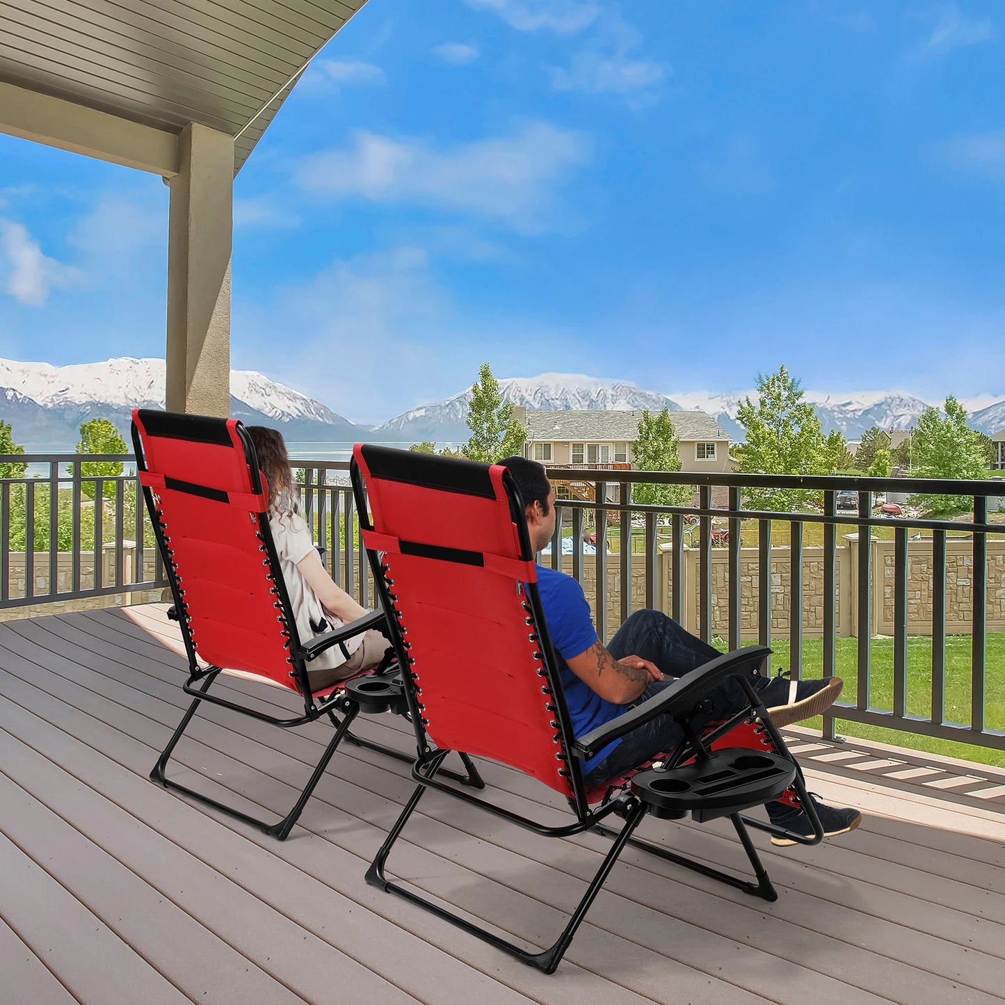 Padded Zero Gravity Lounge Chair Folding Patio Recliner with Adjustable Headrest and Cup Holder Support 160kg Sun Loungers