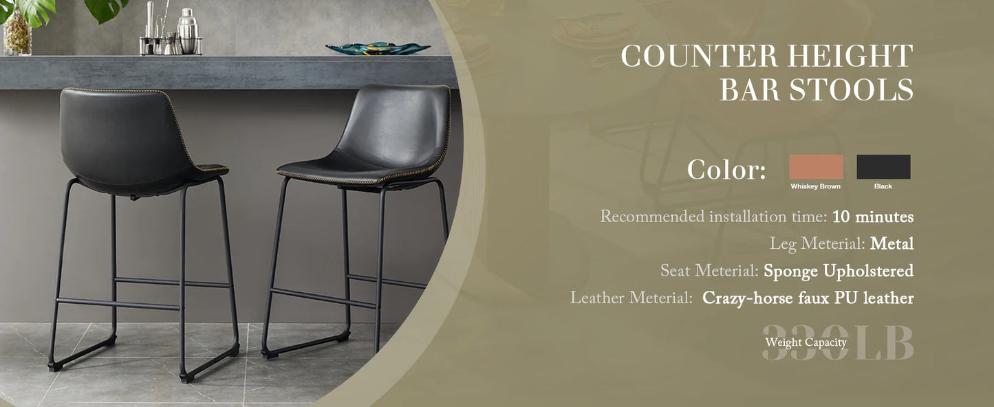 JHK PU Leather Bar Stools Set of 2 Counter Height Cushioned