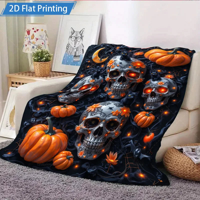 Halloween Skull Pumpkin Flannel Blanket Spooky Gothic Throw