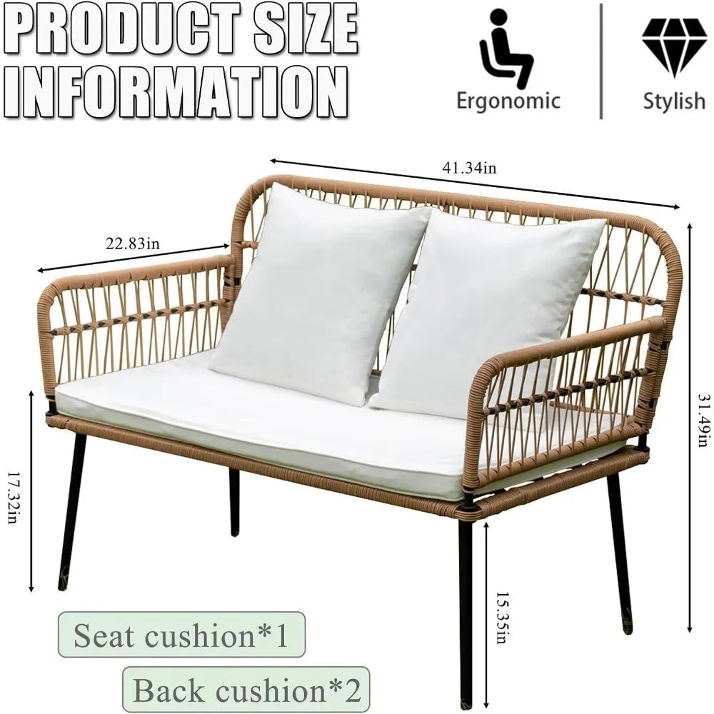 41 Inch Outdoor Patio Loveseat Small Boho Rattan Woven Two Seat Wicker Sofa Garden Conversation Seat