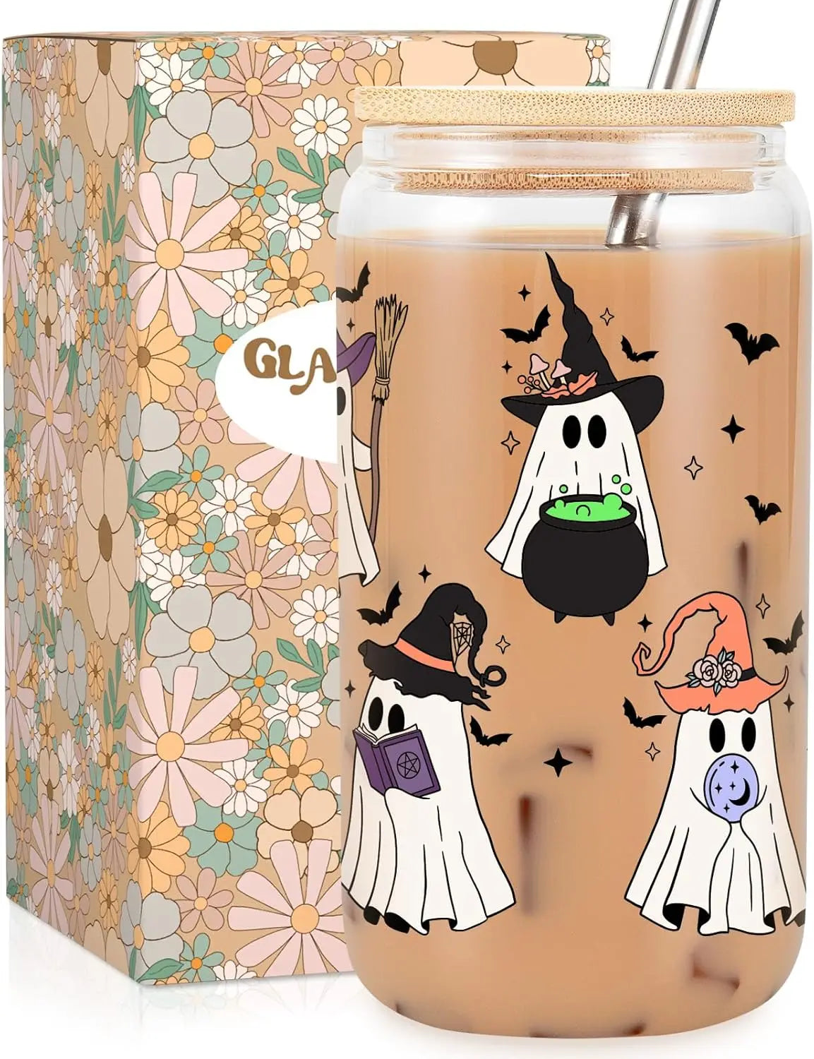 Witch Ghost Halloween Cup 16 Oz Glass Tumbler With Lids