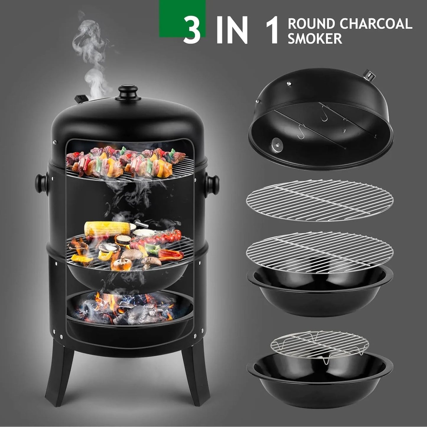16 Inch Charcoal BBQ Smoker Grill 3 in 1 Portable Vertical Grill Cooker with Built in Thermometers and Adjustable Vent Systems