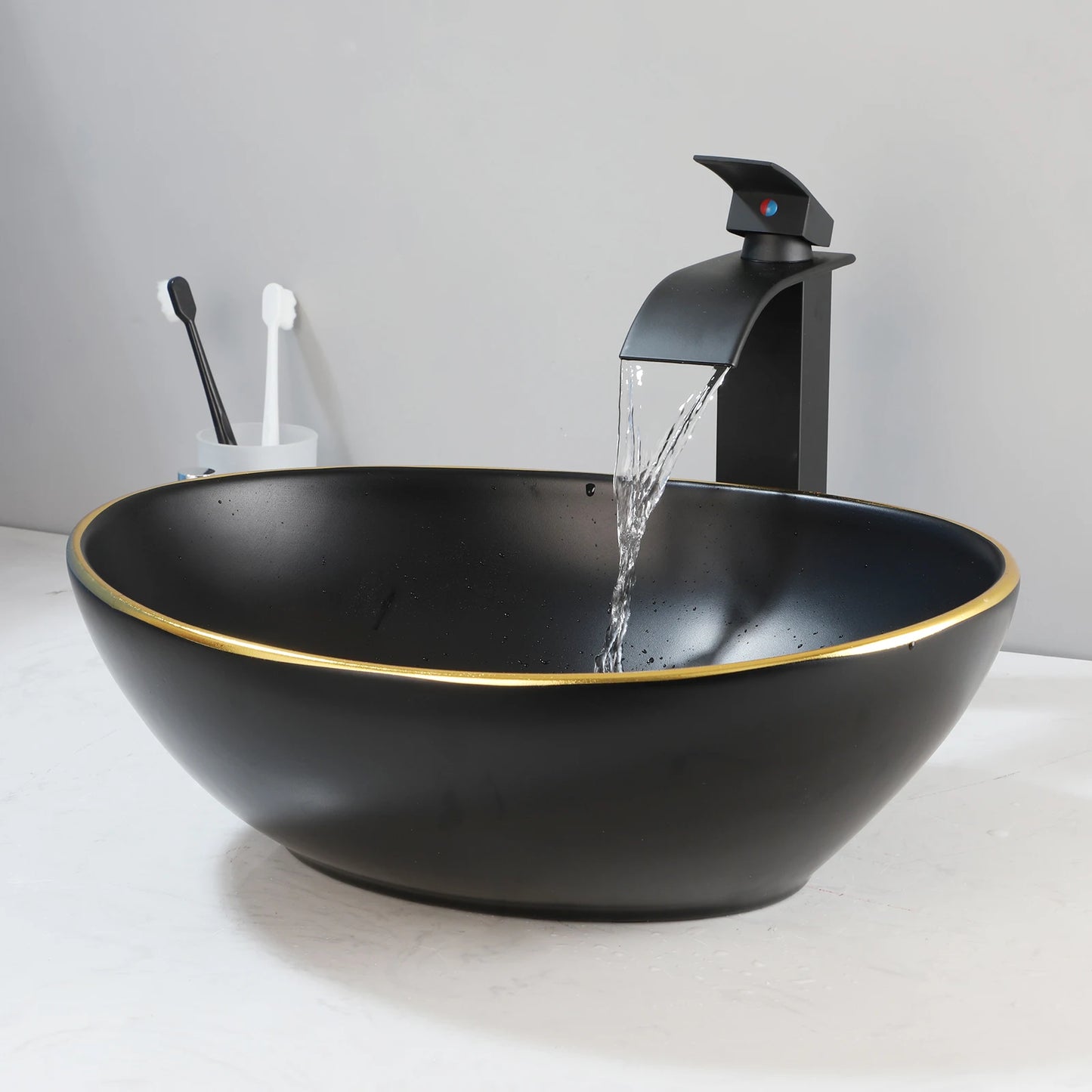 ZAPPO Marbling Rectangle Vessel Sink With Faucet Drain