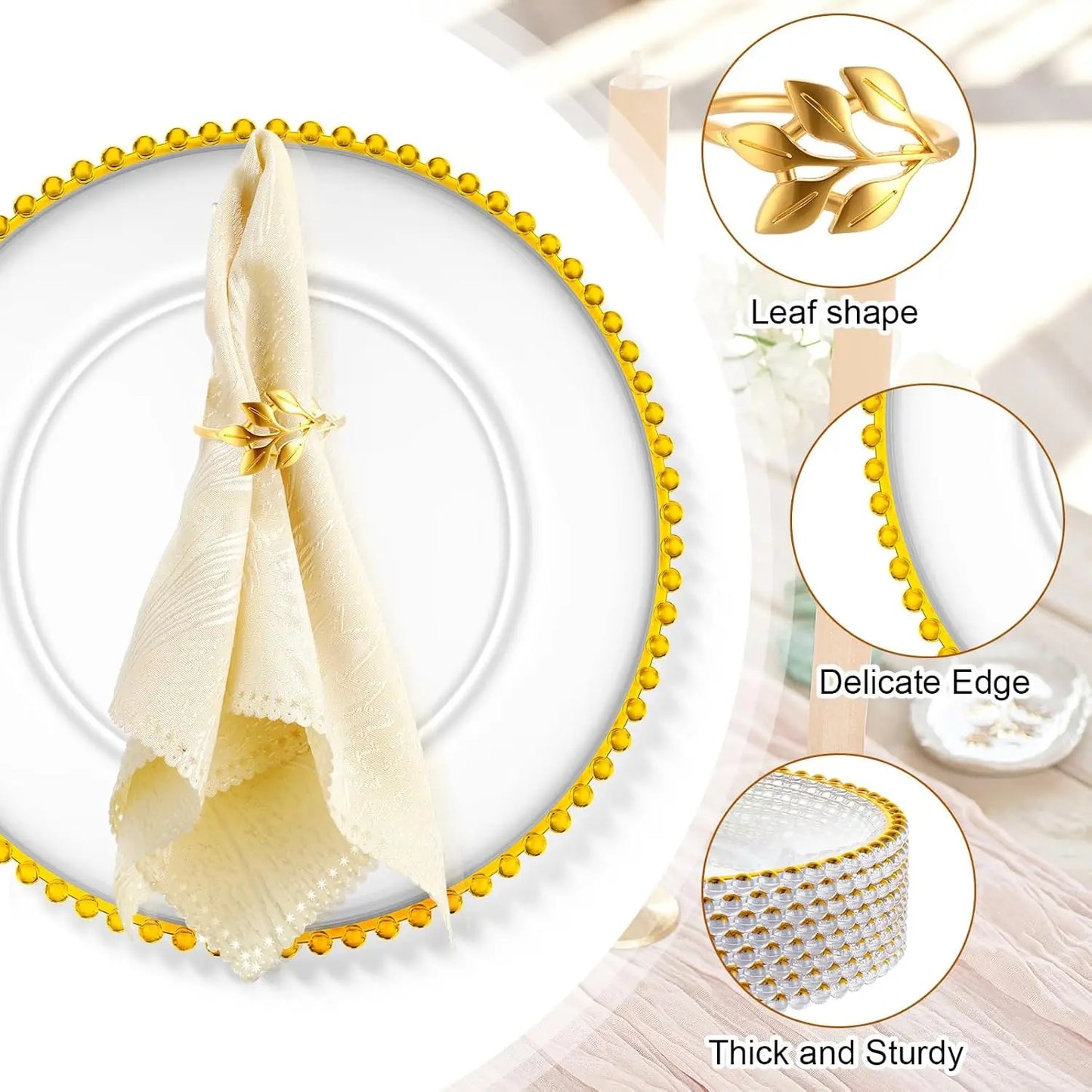 50 Set Clear Charger Plates Bulk 13 Inch Beaded Plastic Charger Plates with Napkin Rings Acrylic Round Dinner Table Decorative Plates for Party Wedding Thanksgiving
