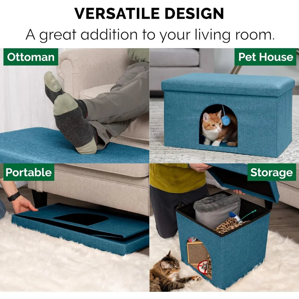 Ocean Blue Cat Condo Pet House Collapsible With Plush Ball