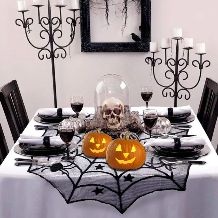 32 Piece Halloween Spider Web Lace Tablecloth Set Black