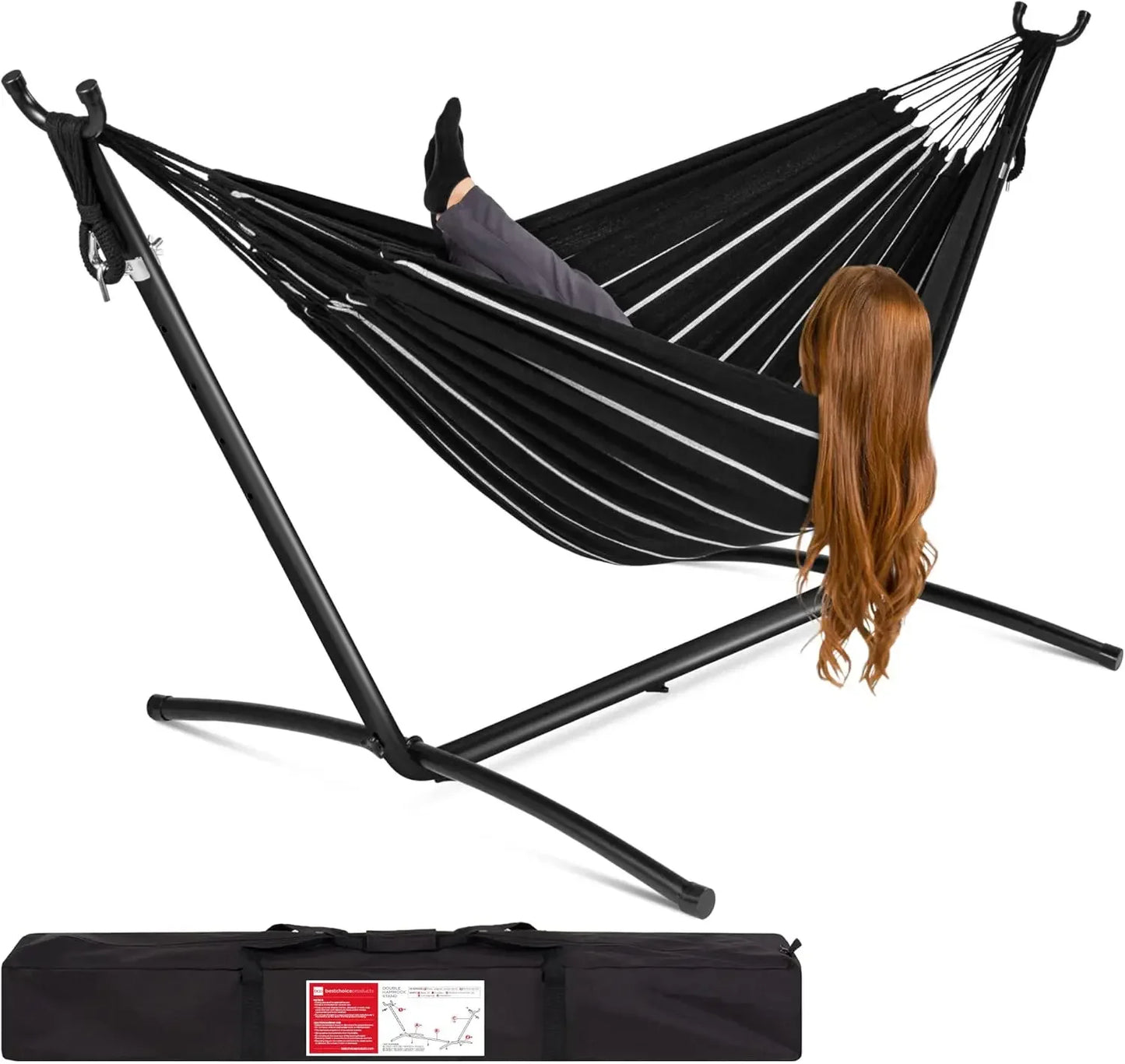 Double Brazilian Style Cotton Hammock With Steel Stand For Indoor Outdoor With Carrying Bag