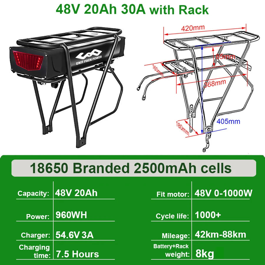 Rear Rack Ebike Battery 52V 48V 27Ah 20Ah Optional