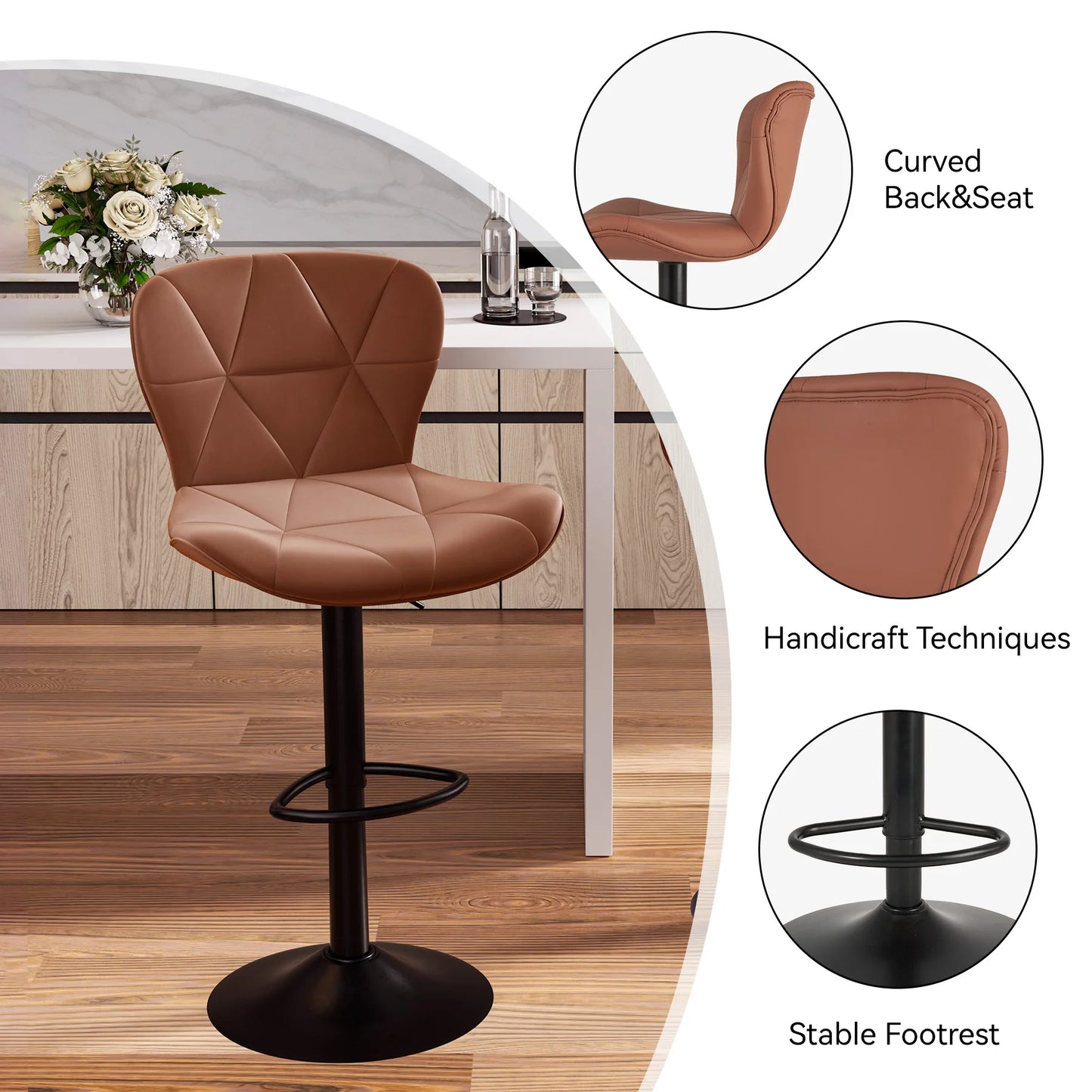 2 Pcs Bar Chair 360 Degree Rotation Faux Leather Backrest