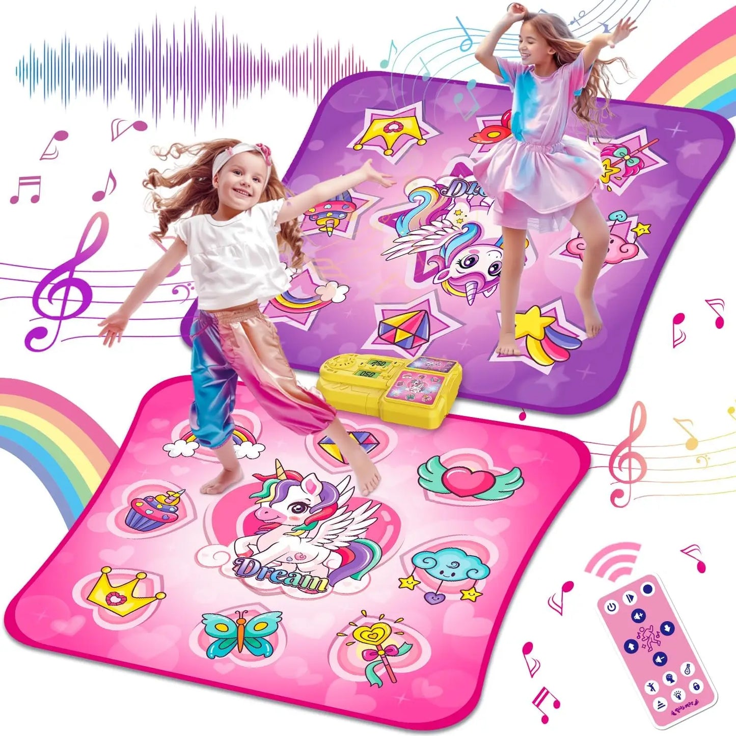 Vatos Unicorn Dance Mat Set of Two Toys for Girls Nine Level Dancing Game Indoor Outdoor Music Play Mat Birthday Gifts for Kids Ages Three and Up