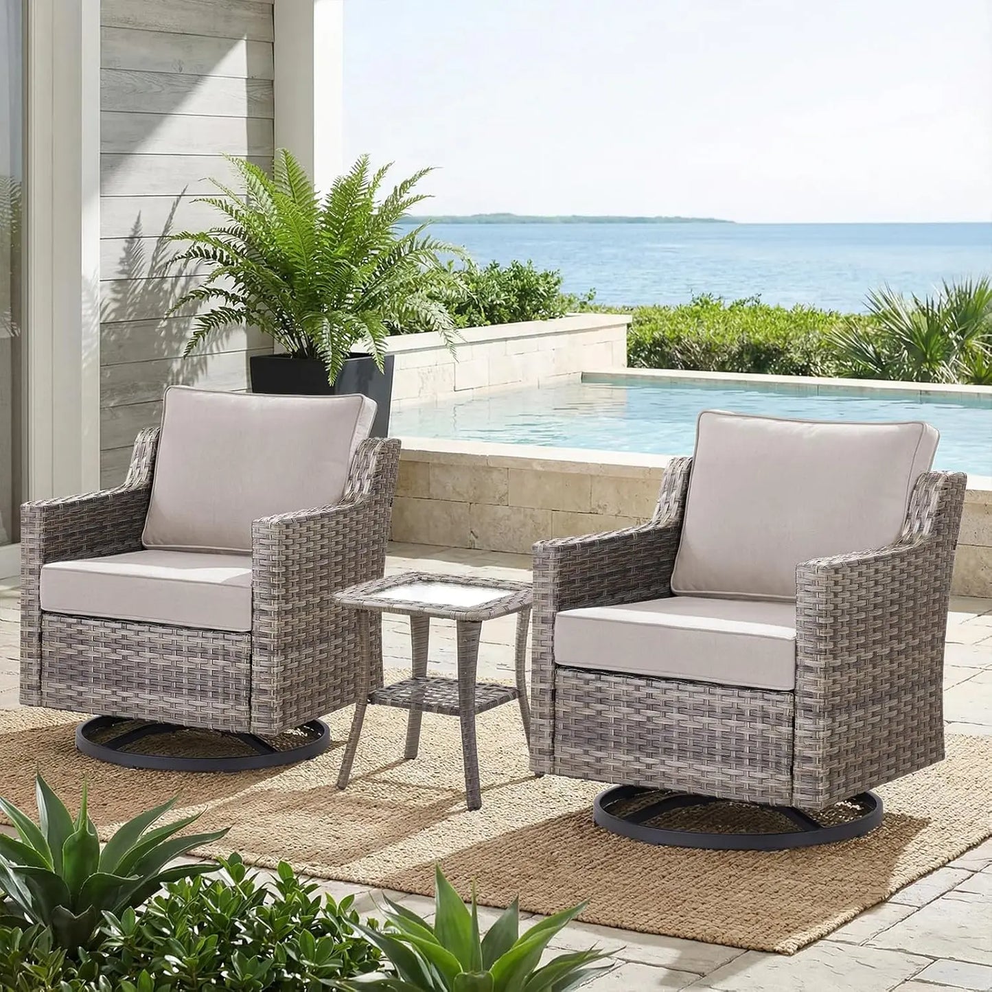 Swivel Rocker Wicker Chairs And Side Table Set All Weather Outdoor 3 Piece Beige