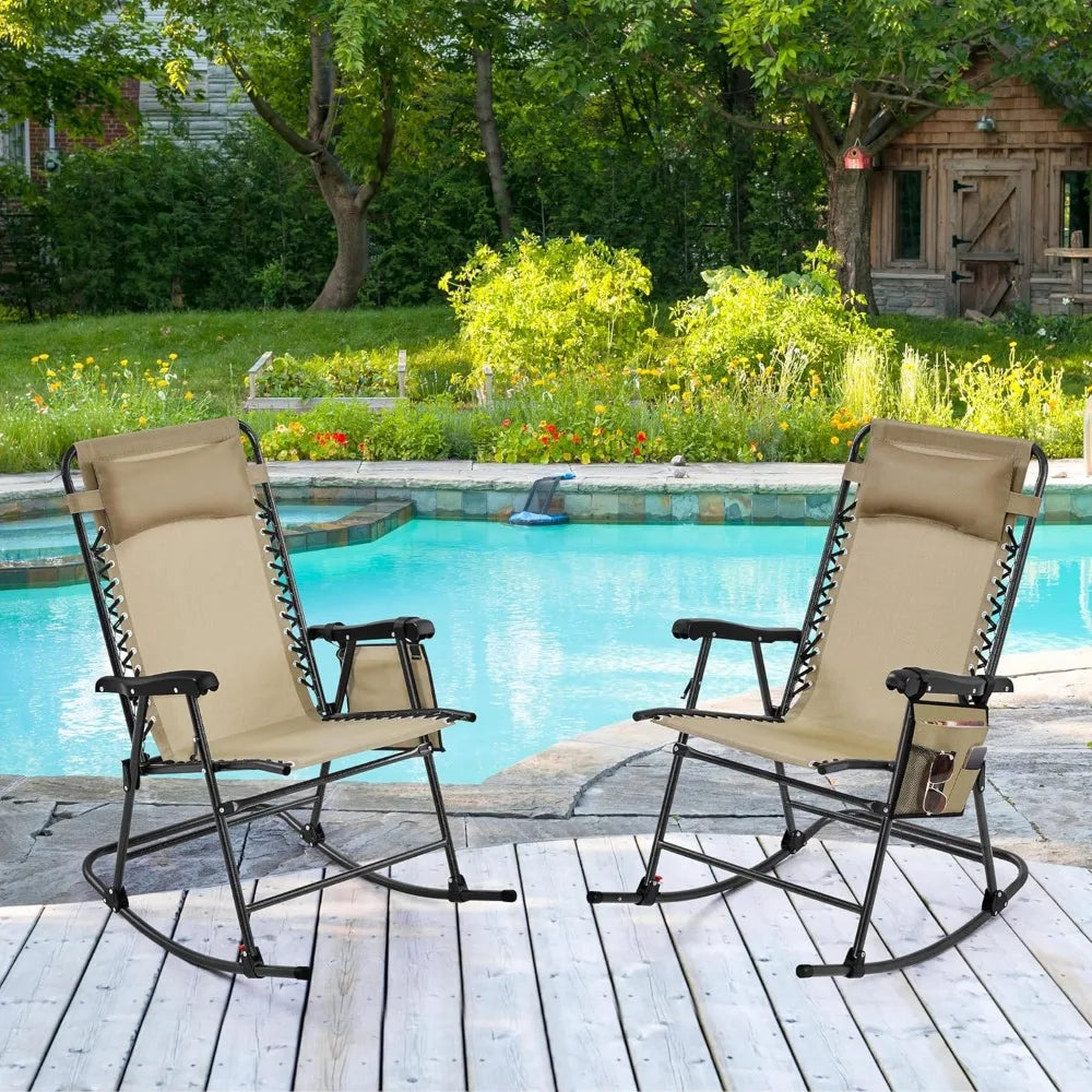 26 Inch Zero Gravity Rocking Chair Folding Reclining Lounge Chair For Outdoor Patio Lawn Beige Alloy Steel Frame Fabric Seat