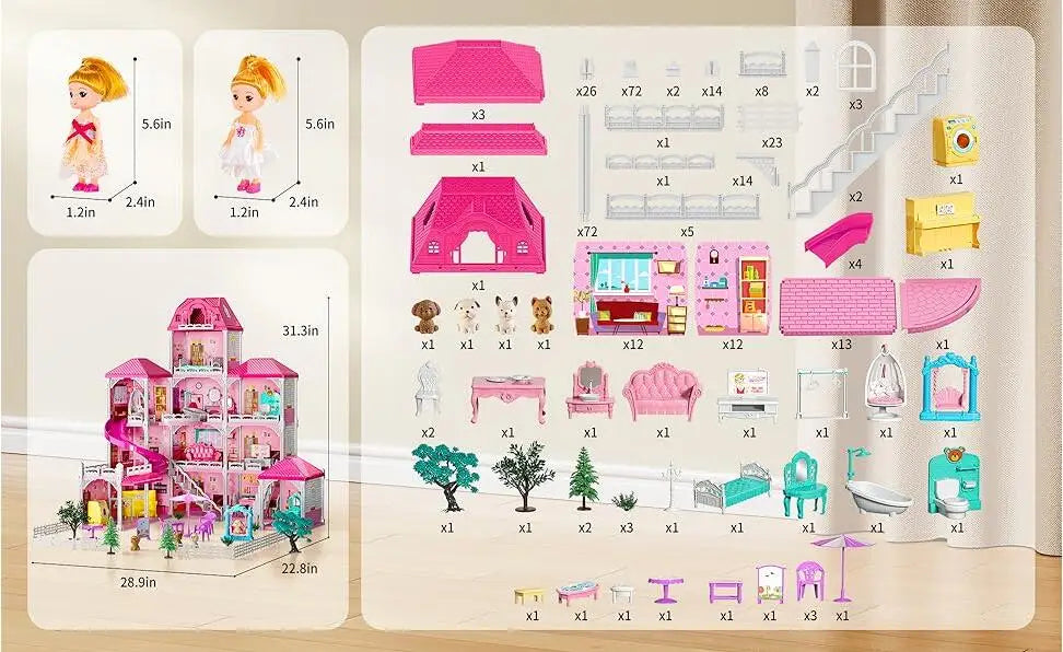 Pretend Play Villa Doll House 12 Rooms With 2 Dolls Gifts