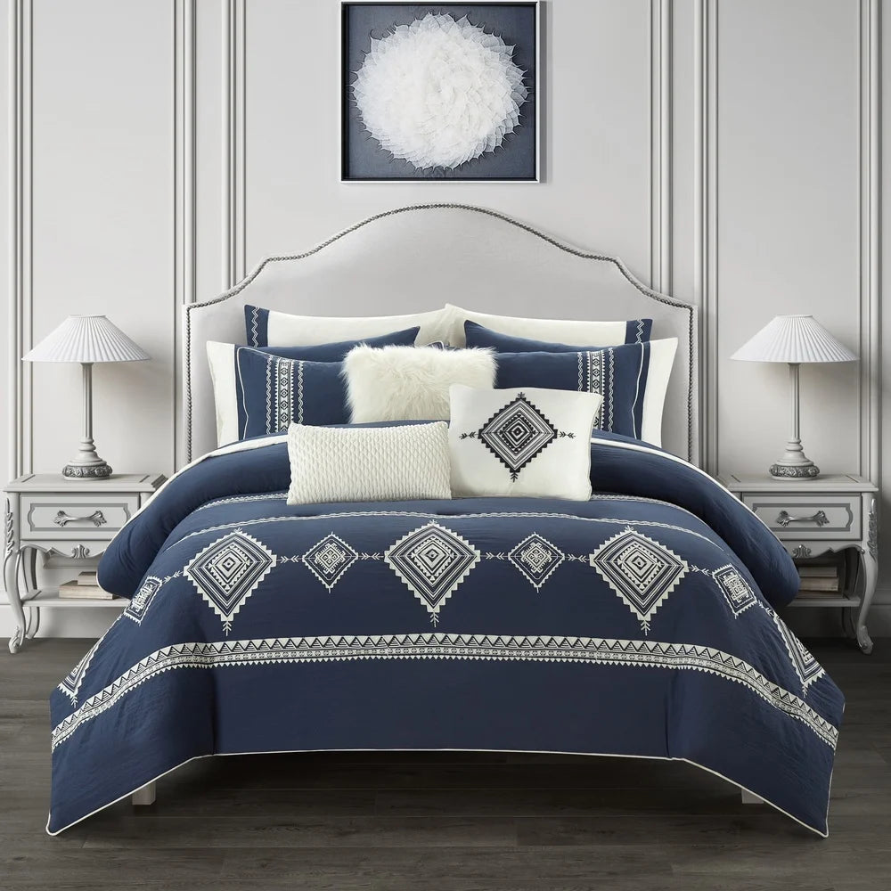 Navy 12 Piece Bed in a Bag Comforter Set with Sheets Decorative Pillows Soft Fabric Queen Bedding Set Machine Washable Durable