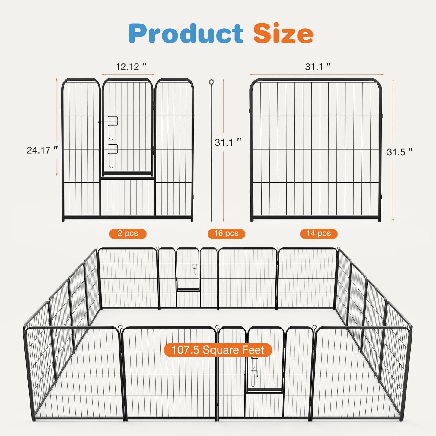 JHK 16 Panel Dog Playpen Indoor Pet Fence Heavy Duty Metal Dog Pen for Outdoor and Camping Use