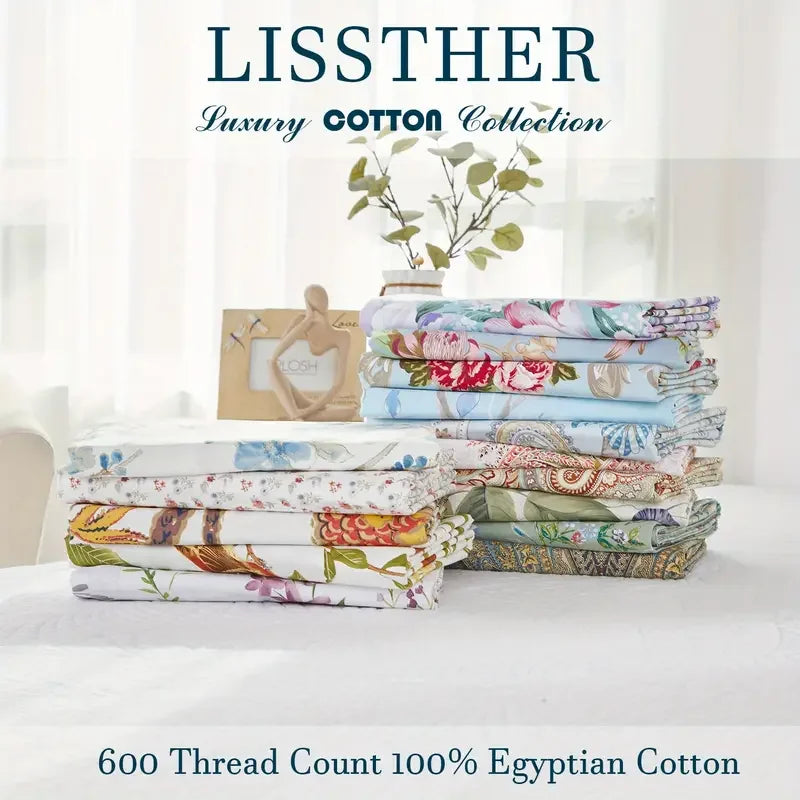 3 Pcs 600TC Egyptian Cotton Duvet Cover Set Vintage Blue Tassel Skin Friendly