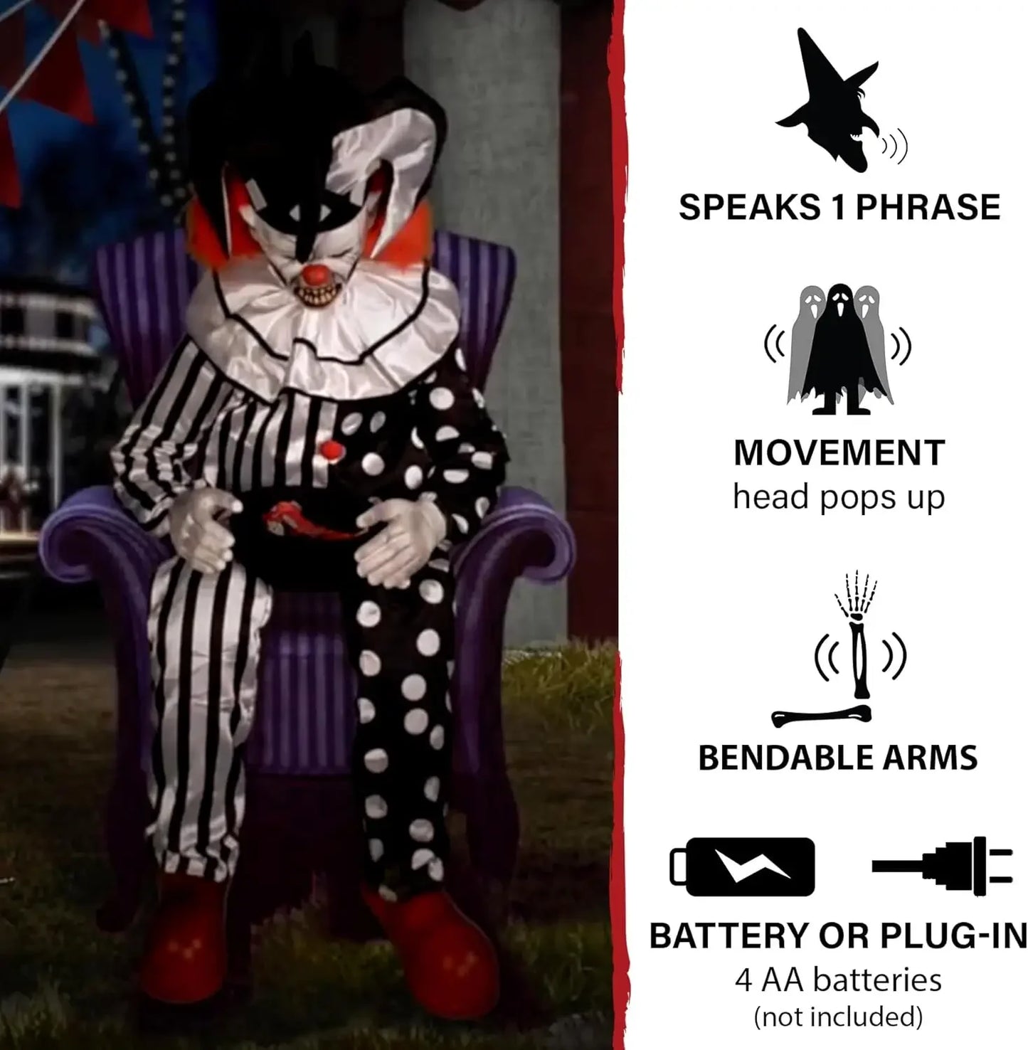 Sitting Scare Clown by Tekky Motion Activated Talking Jump Scare Halloween Animatronic