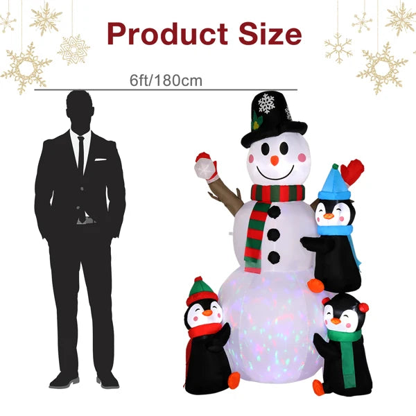 6ft Inflatable Snowman With 3 Penguins And 4 Light Strings