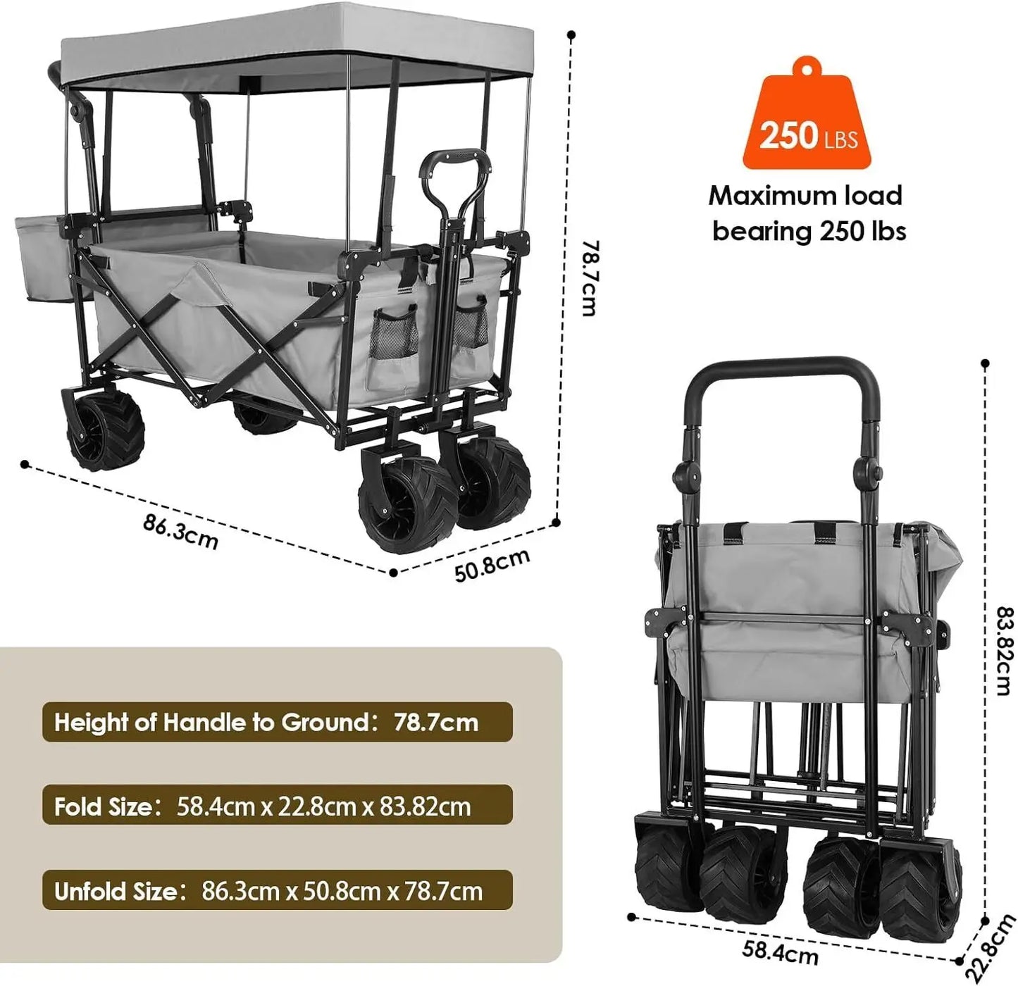 262L Collapsible Garden Cart With Removable Canopy 115Kg