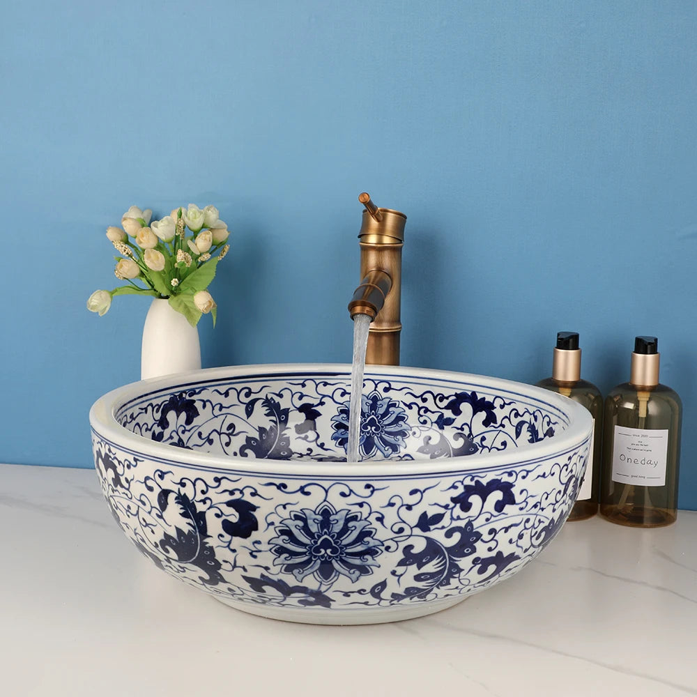 Ceramic Bathroom Vessel Sink And Polished Gold Faucet Combo