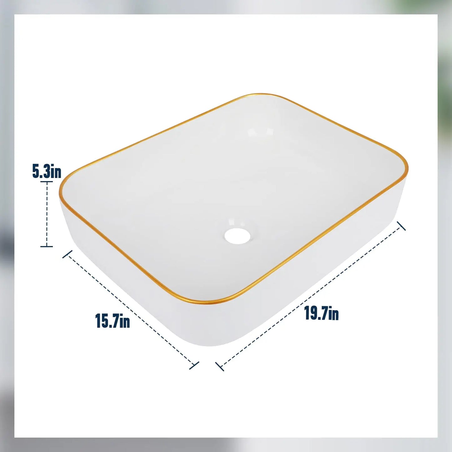Ceramic Rectangular Sink 20x16 White Gold Rim Vessel