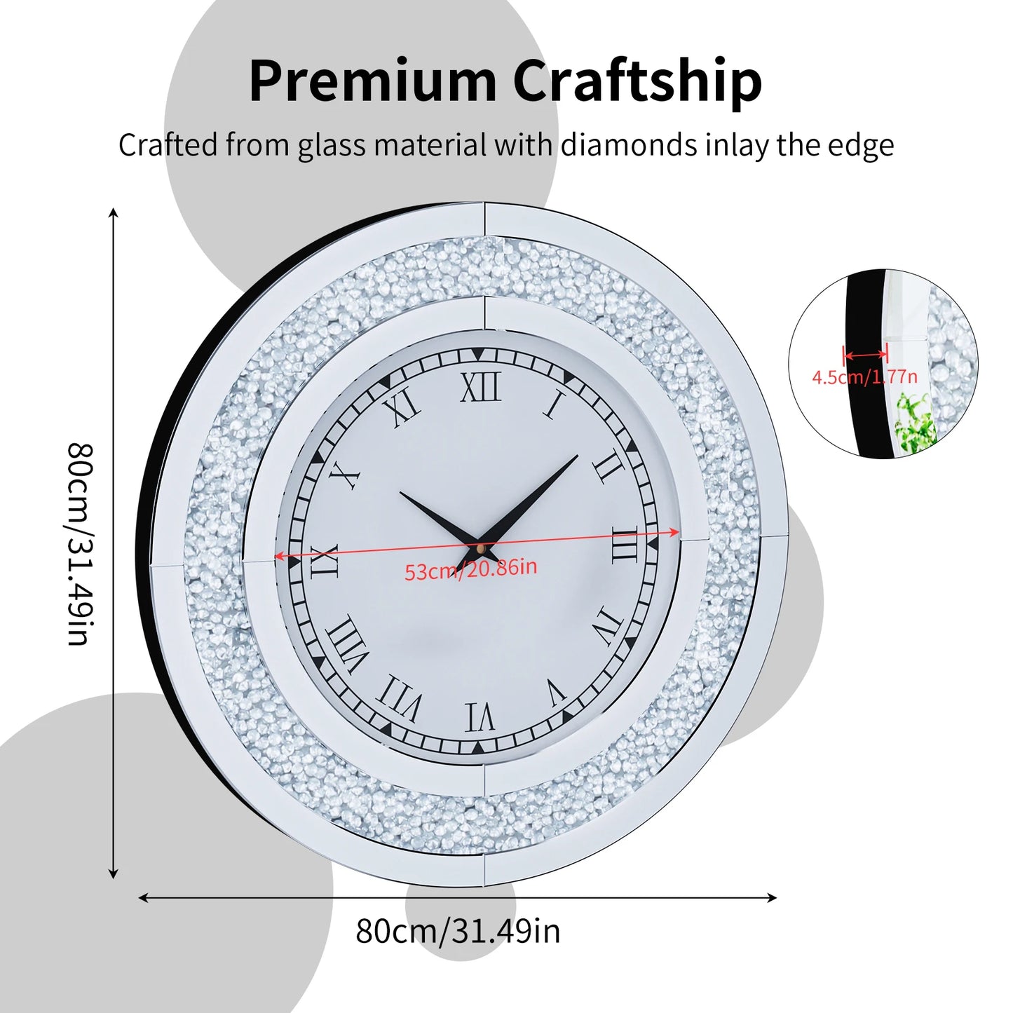 60 to 80 CM Bling Silver Round Mirror Clock Glam Sparkle Twinkle Shining Wall Clock for Home Decor