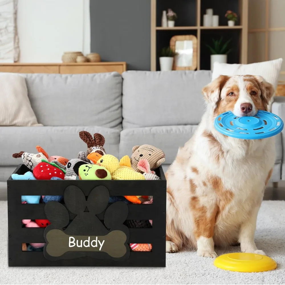 Large Dog Toy Basket With Handles And Paw Pattern Label Slot