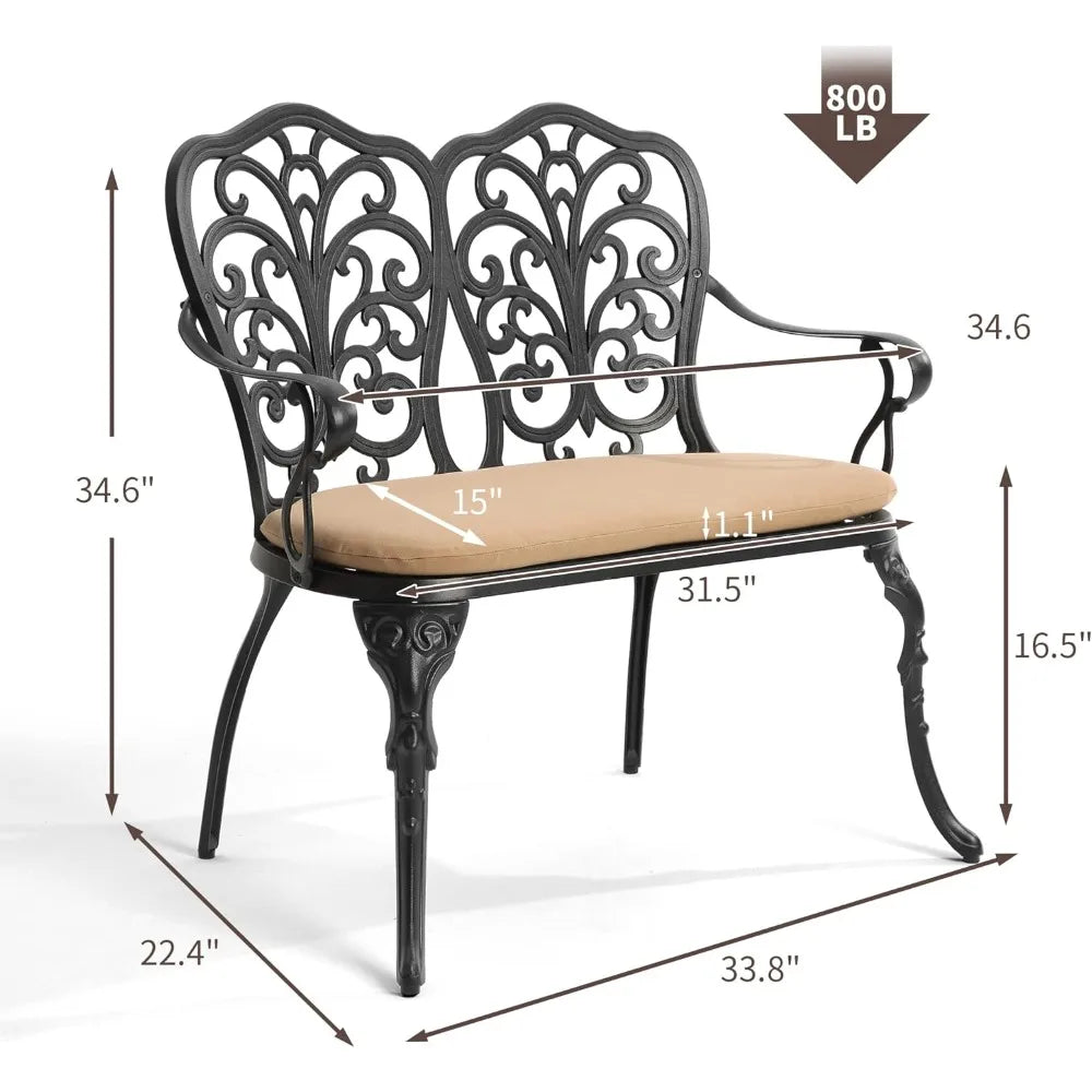 Cast Aluminum Outdoor Bench Patio Garden Loveseat Metal Bench For Front Porch Park Lawn Black