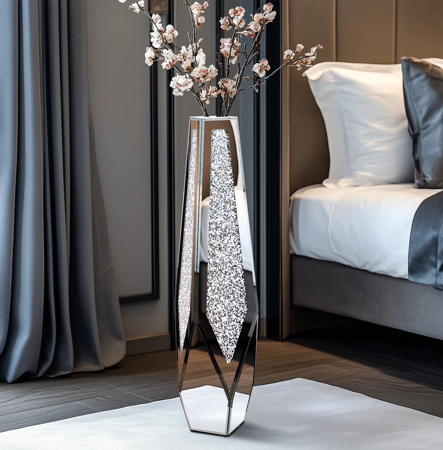 Tall Floor Mirror Vase Large Crushed Diamond Glass Vase for Home Decor Modern Crystal Centerpiece for Living Room Wedding Hotel