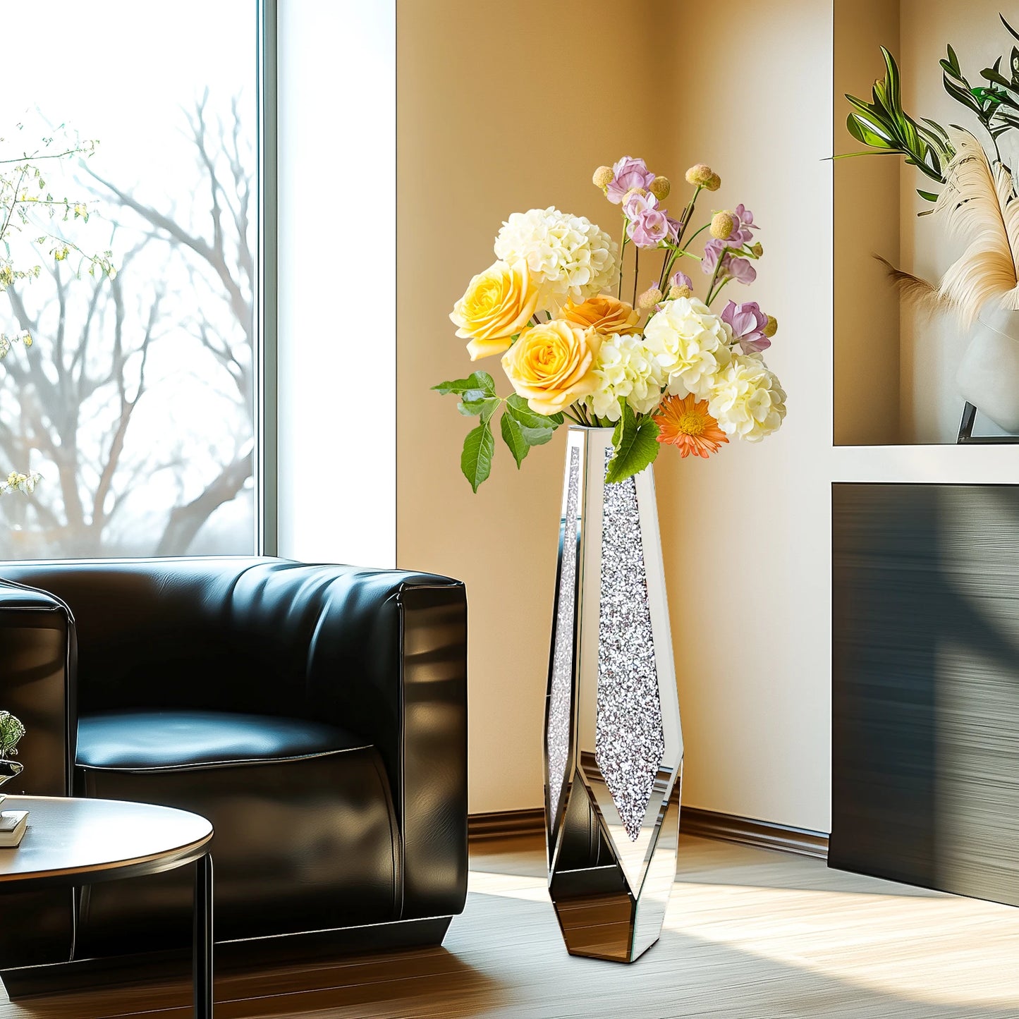 Tall Floor Mirror Vase Large Crushed Diamond Glass Vase for Home Decor Modern Crystal Centerpiece for Living Room Wedding Hotel