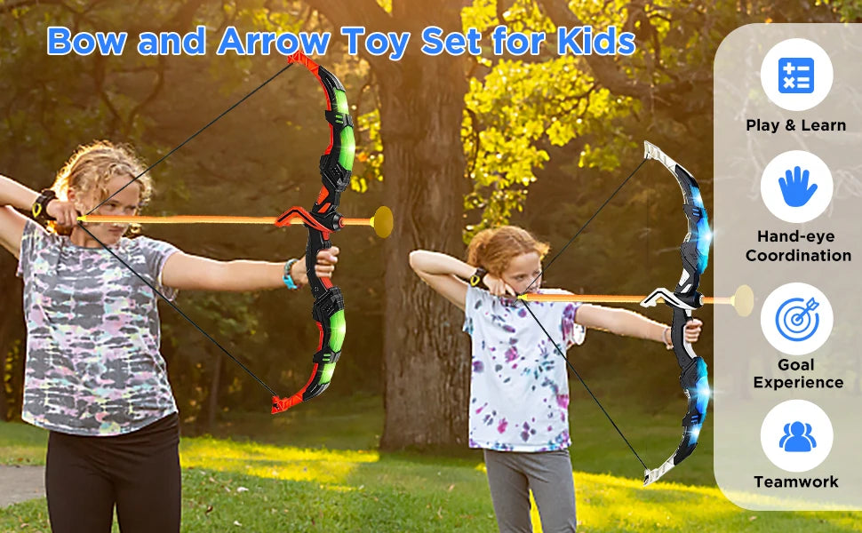 VATOS 2X Bow Arrow Guns Toy for Kids LED Light Up Archery with Suction Cup Stand Target Dart Board Indoor Outdoor Game Toys