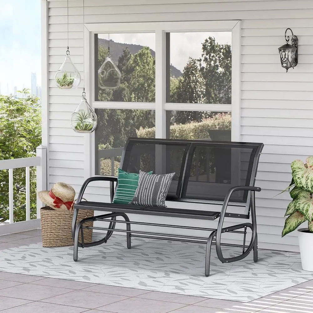 2 Person Outdoor Glider Bench Double Swing Rocking Chair Black Patio Porch