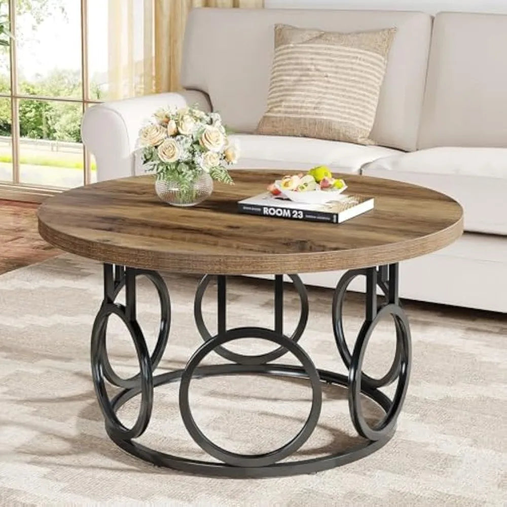 31.5 Inch Round Coffee Table Metal Base Rustic Modern Wood