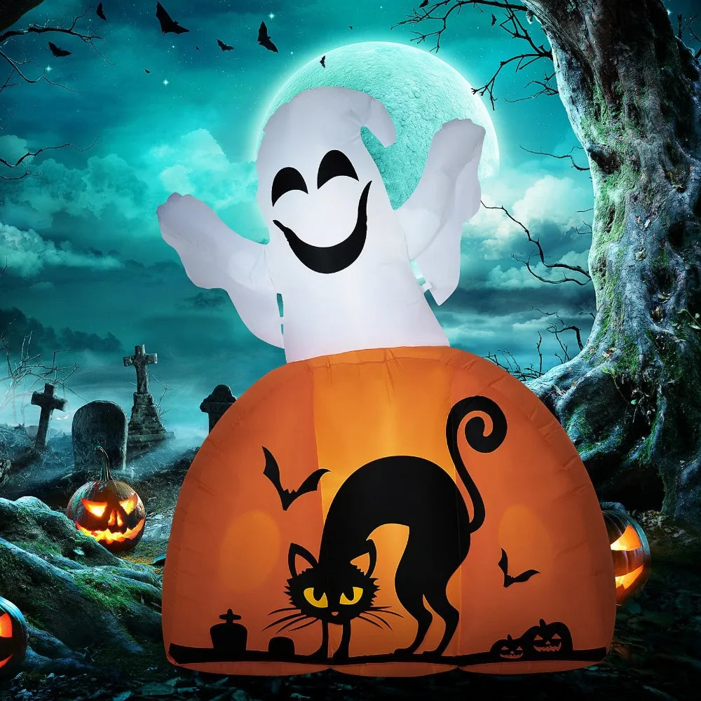 5Ft Halloween Inflatable Ghost With Pumpkin Base LED Lights