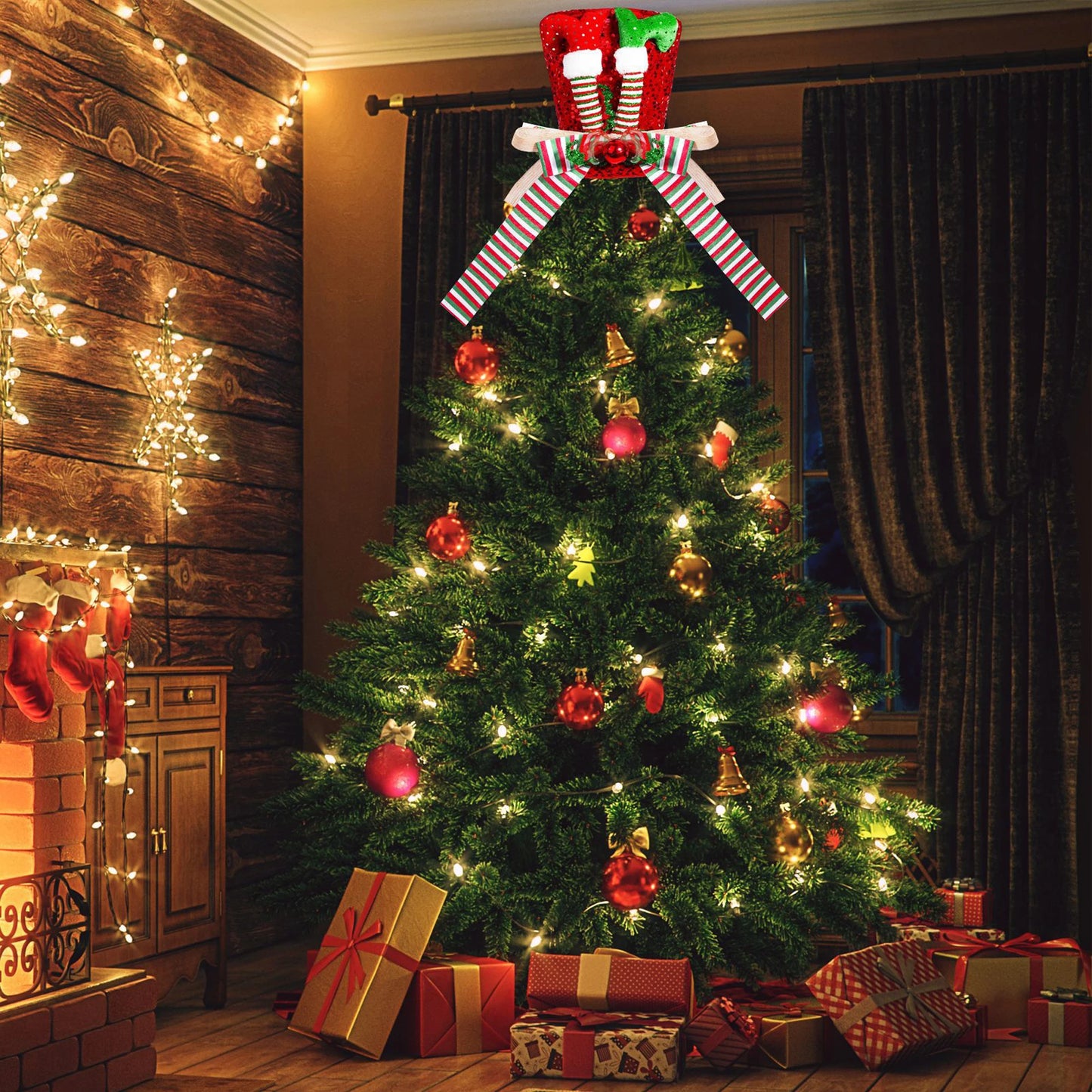 Santa Hat Tree Topper With Glittery Reindeer Antlers Bells