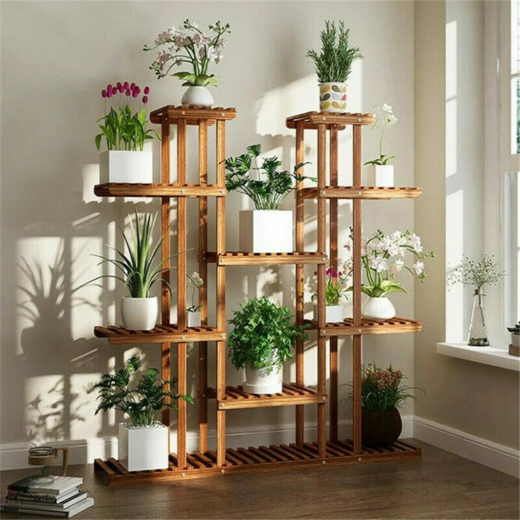 UNHO 46 Inch Multi Tier Wood Plant Stand 9 Tier 16 Pot Flower Rack Indoor Outdoor for Patio Garden