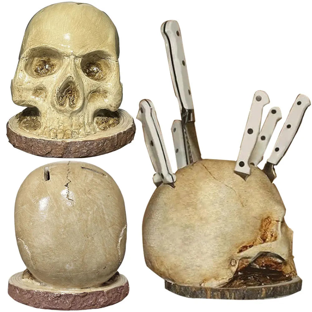 Skull Knife Holder Resin Fruit Chopping Knife Stand Creative Horror Decoration for Halloween Parties