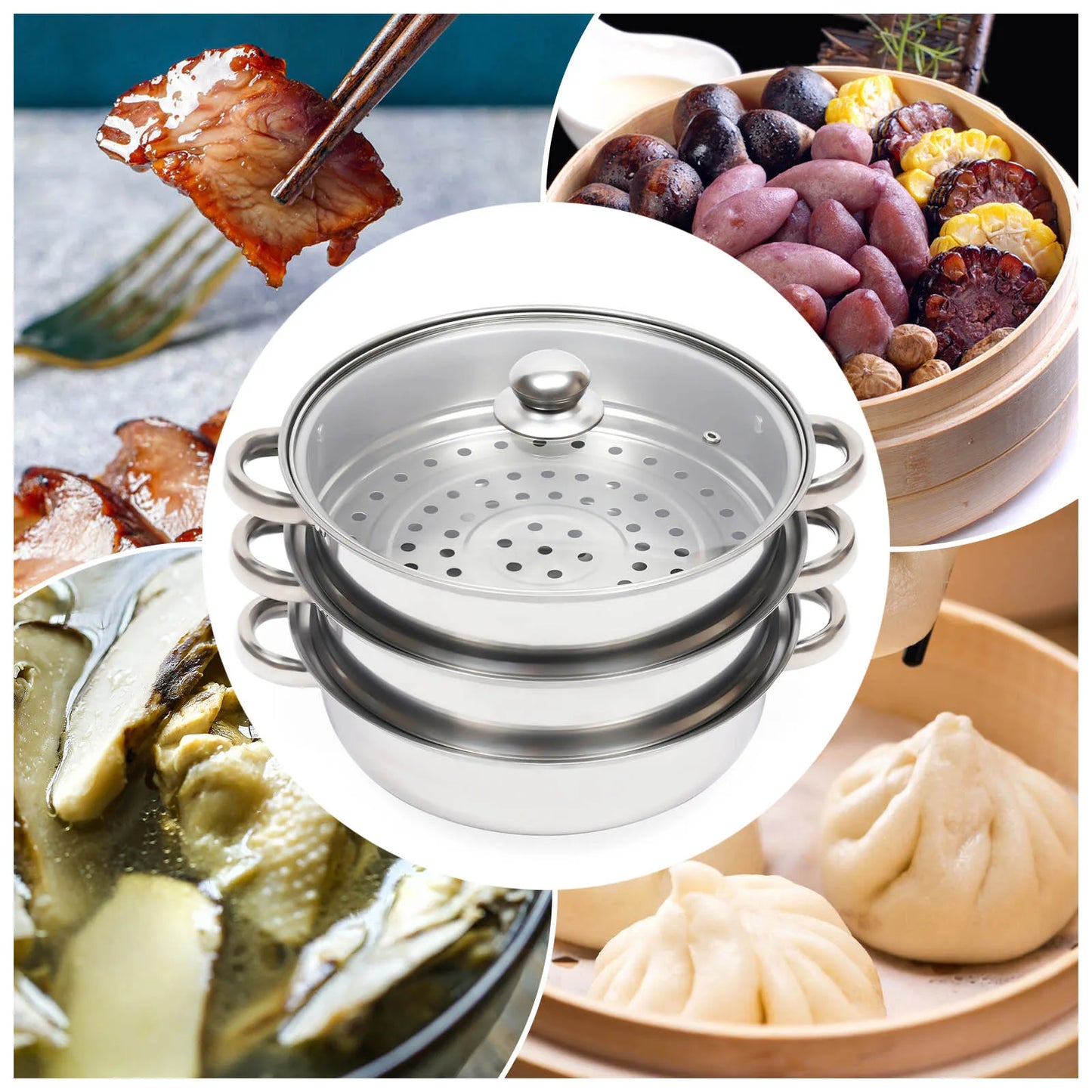 11 Inch 3 Tier Large Stainless Steel Steamer Pot Set with Glass Lid