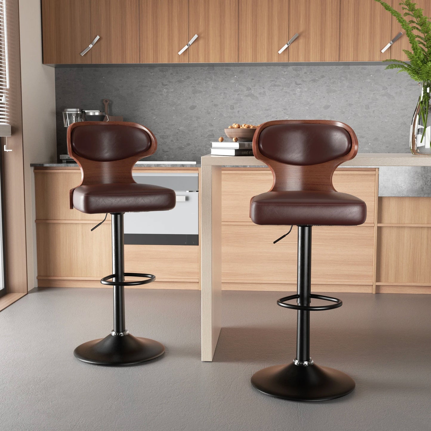 Bar Stool Set 2Pcs Swivel Backrest PU Leather Cushioned