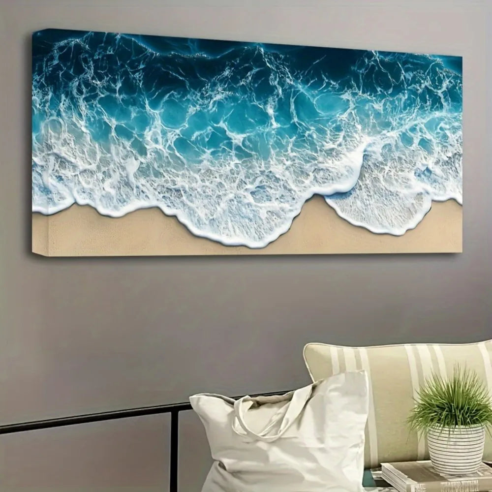 Blue Wave Texture Print Painting Modern Art Oil Painting Interior Decoration 1.5 Inch Thick Pine Solid Wood Frame