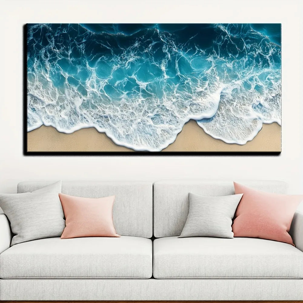 Blue Wave Texture Print Painting Modern Art Oil Painting Interior Decoration 1.5 Inch Thick Pine Solid Wood Frame