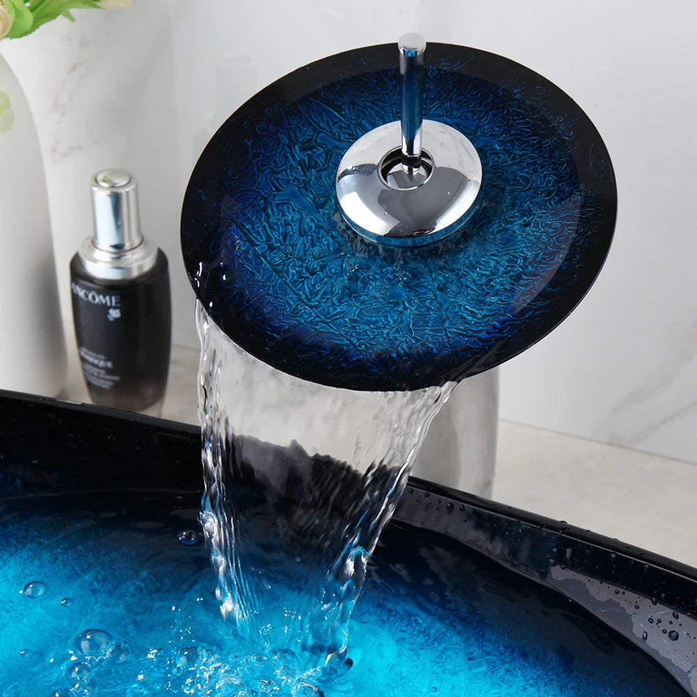 ZAPPO Tempered Glass Vessel Sink With Waterfall Faucet Blue