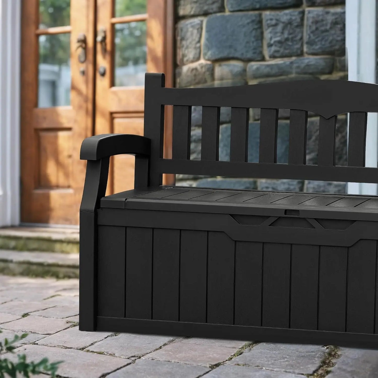80 Gallon Lockable Storage Bench Deck Box For Patio Furniture Outdoor Seating Cushions Garden Tools Pool Supplies Black