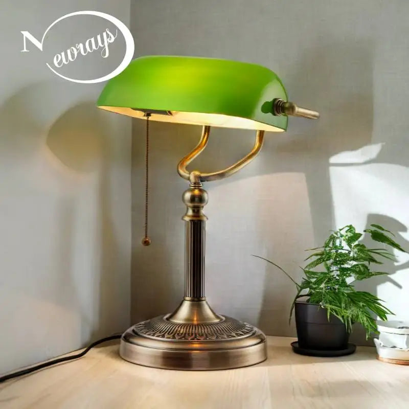 Classical Green and White Glass Bankers Desk Lamp with Zipper Switch for Living Room Bedroom and Bedside Sofa Table