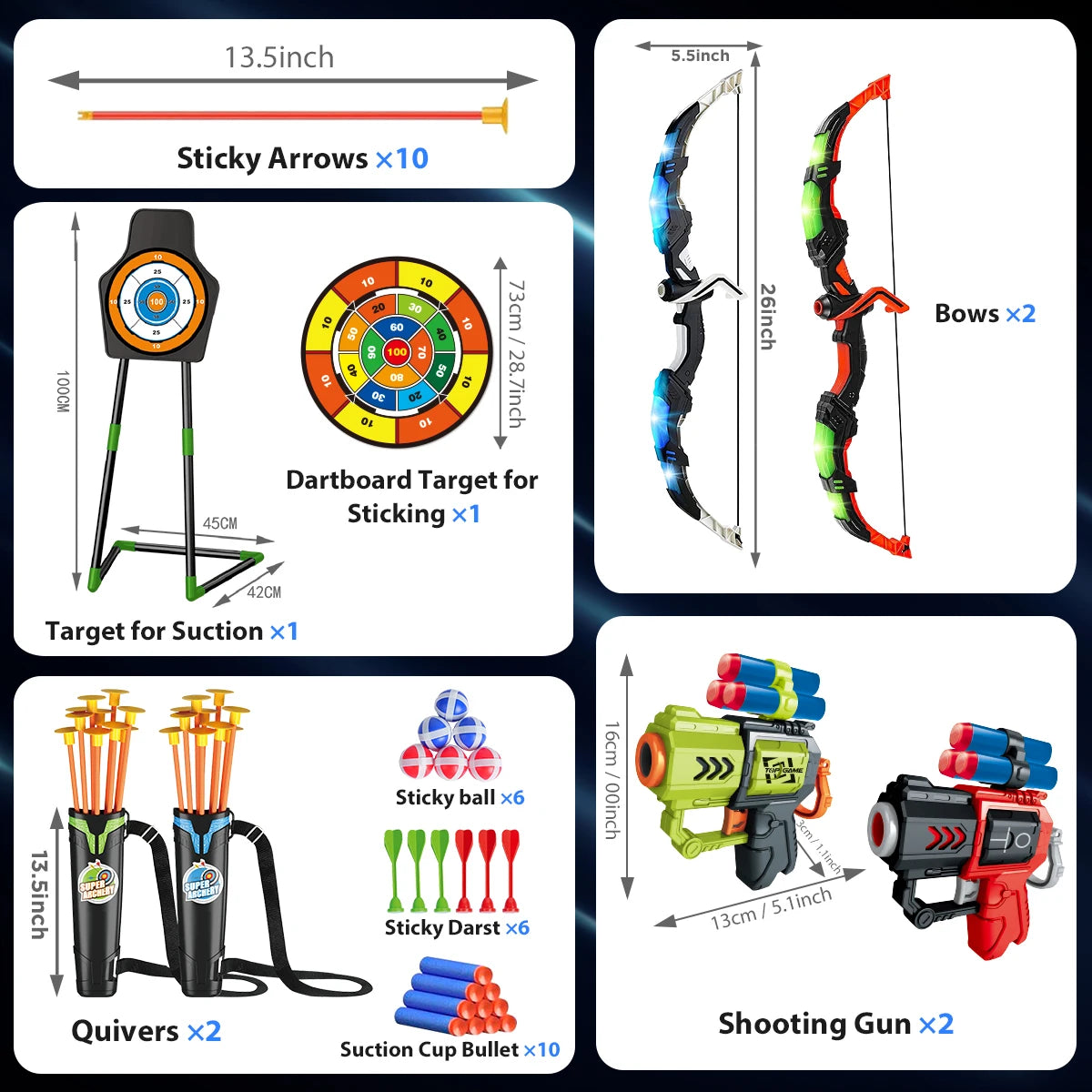 VATOS 2X Bow Arrow Guns Toy for Kids LED Light Up Archery with Suction Cup Stand Target Dart Board Indoor Outdoor Game Toys
