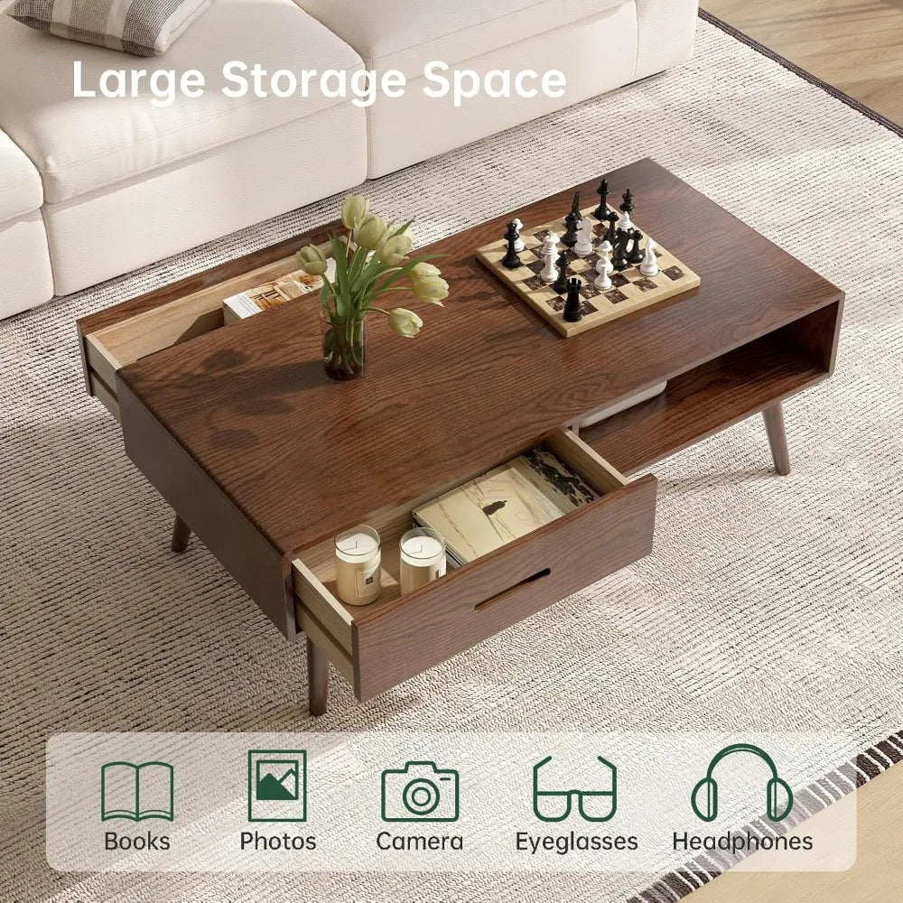 Solid Wood Coffee Table Storage Mid Century Modern 39in
